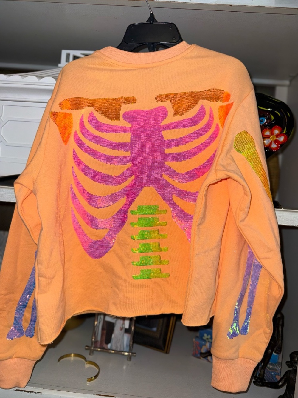 Queen of Sparkles QOS XS neon orange skeleton cropped sweatshirt - Picture 4 of 5